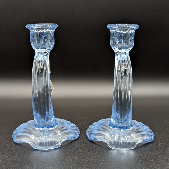 Pair Of Cambridge Glass Blue Caprice Candle Holders Art Deco Elegant Glass 7.5" - Picture 6 of 12